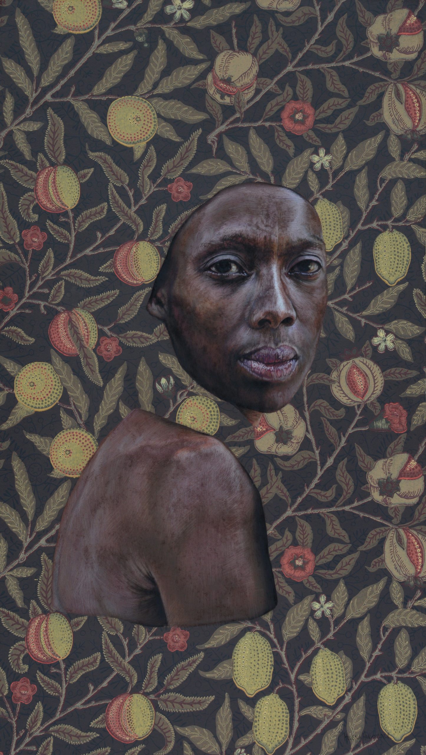 In a Man's Garden I, 90cm x 52cm, pastel and wallpaper on board