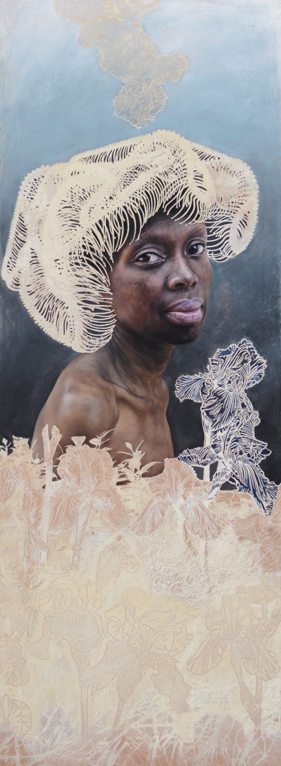 Eve, 110cm x 40cm, pastel, lino print and acrylic paint on board