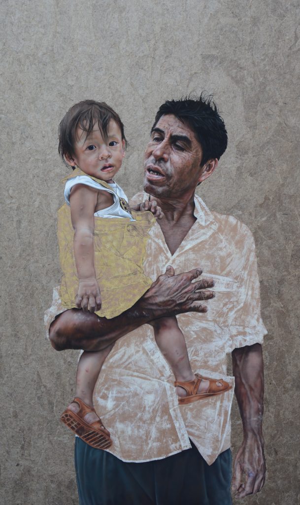 The Baker Comforting His Daughter, 160cm x 95cm, pastel, paint and banana fibre paper on board
