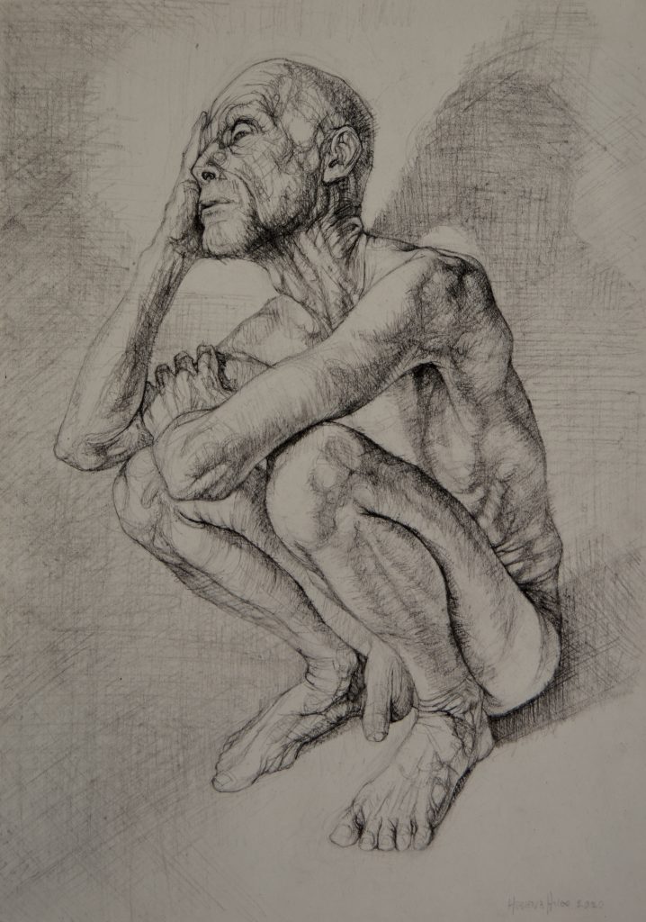 Contemplating Male Figure II,     30cm x 21cm, charcoal on paper