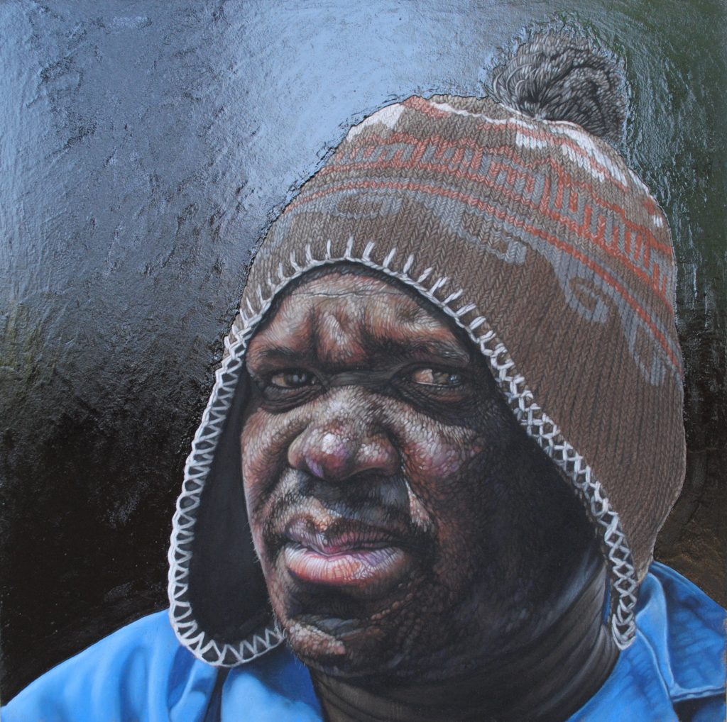 Ornamental Cement Factory Worker, 35cm x 35cm, pastel and enamel paint on board