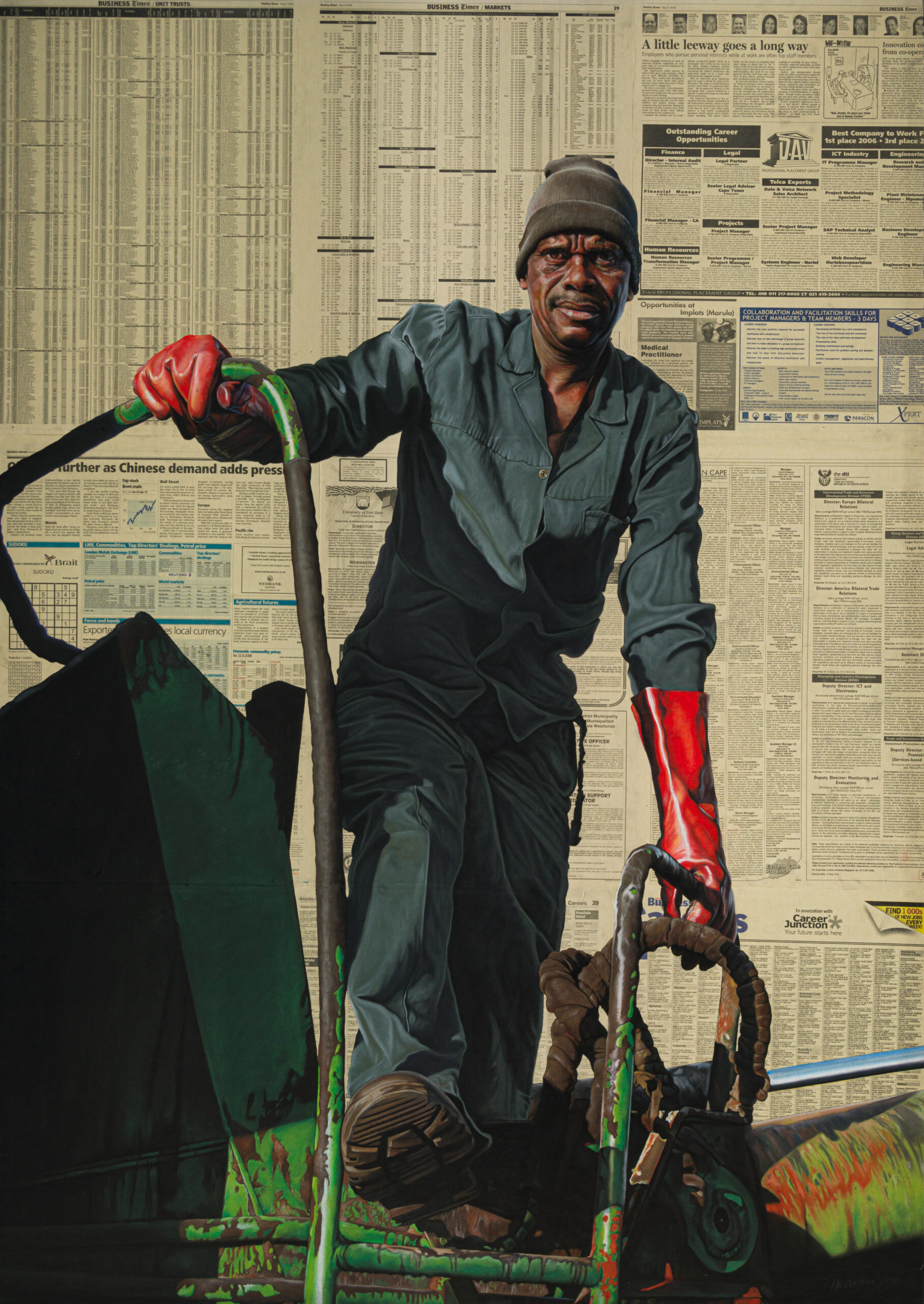 Lena Hugo,
Moving out the Trucks at Dawn II,
2008,
pastel on newspaper laid down on board,
170cm x 120cm,
Unisa art gallery